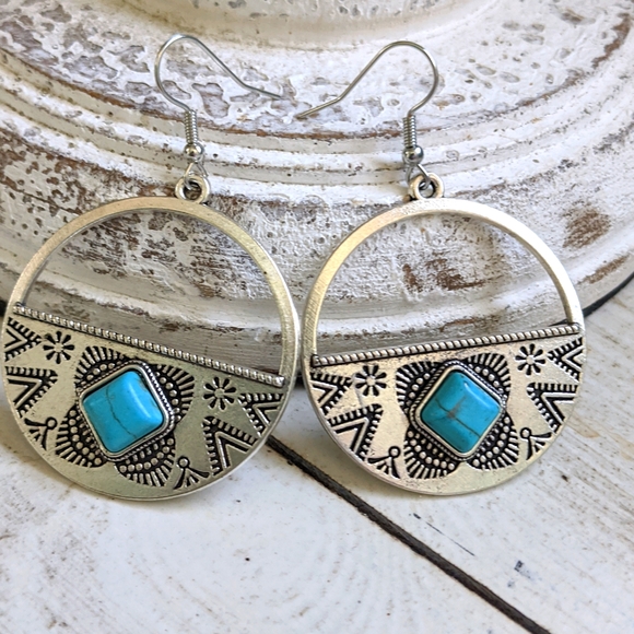 Boho Festival Folk Round Drop Turquoise Earrings - Picture 2 of 10